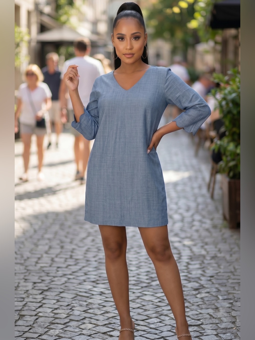 J. Crew Light Blue Chambray Shift Dress with Scalloped Sleeves